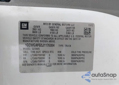 2018 Chevrolet Express 2500 Work Van из США, поврежденный, VIN 1GCWGAFG5J1176084